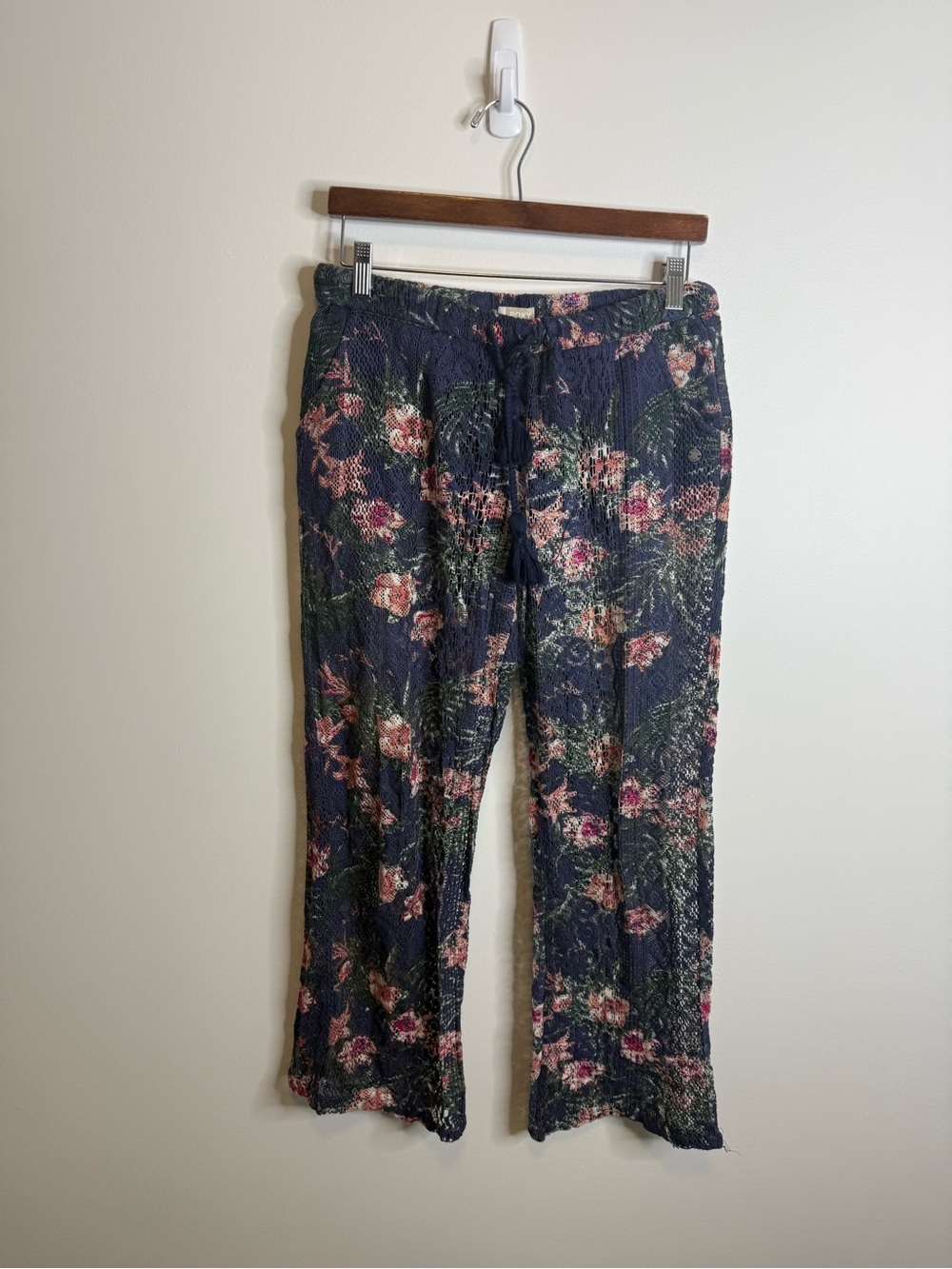 Roxy Floral Straight Leg Pants in Navy, Pink & Green sheer
